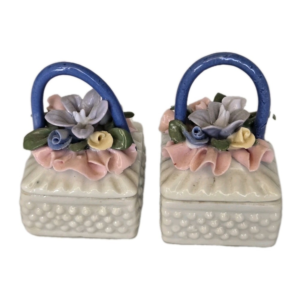 Vintage Lot Of Two Porcelain Trinket Box Floral Bouquet Square Top Lid Handle